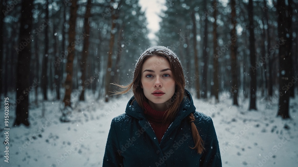 Young woman in winter coat standing in snowy forest with snowflakes falling around her Young woman in winter coat standing in snowy forest with snowflakes falling around her