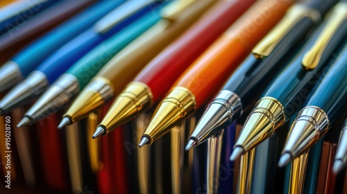 A Row of Colorful Pens with Gold Accents