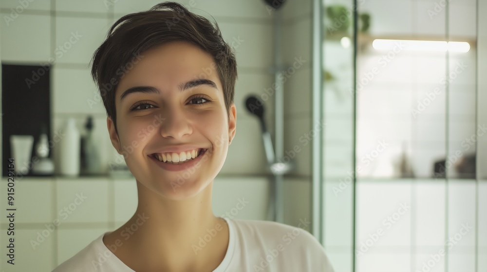 Smiling young woman with short hair in bathroom Smiling young woman with short hair in bathroom