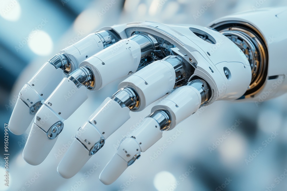 Robotic hand with white and black design symbolizing precision and control in advanced technology captured in a bright high tech environment Robotic hand with white and black design symbolizing precision and control in advanced technology captured in a bright high tech environment