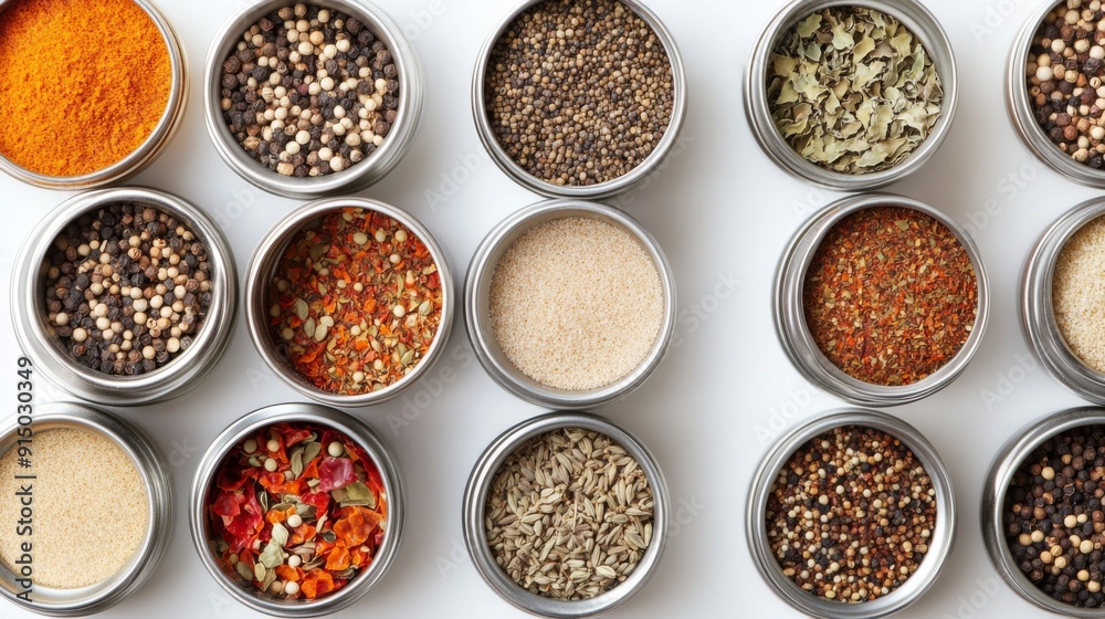 A clean, white background featuring an assortment of spice containers, including metal tins and glass jars with various seasonings. A clean, white background featuring an assortment of spice containers, including metal tins and glass jars with various seasonings.