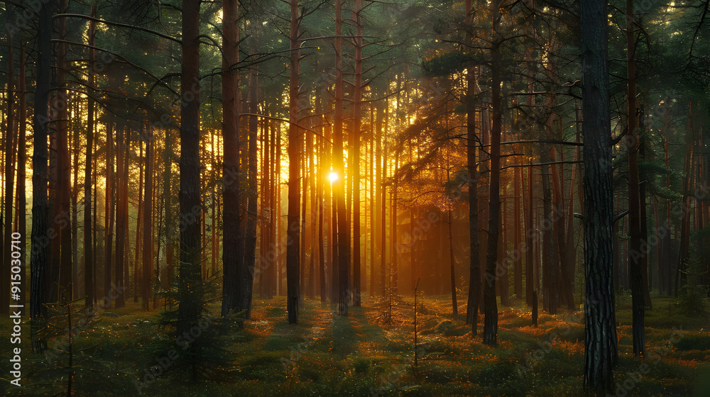 Golden Sunset Through Forest Trees - Realistic Photo Golden Sunset Through Forest Trees - Realistic Photo