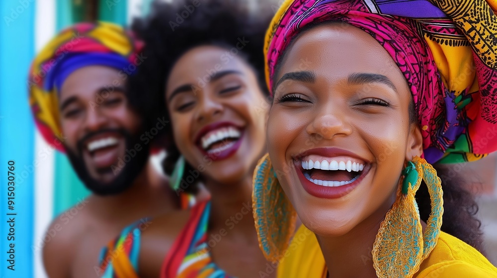 Three people are smiling and laughing together. One of them is wearing a colorful scarf. Scene is happy and joyful Three people are smiling and laughing together. One of them is wearing a colorful scarf. Scene is happy and joyful
