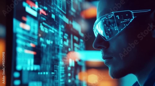 Wallpaper Mural Software engineer scene with transparent data on screen, Slow motion camera with different angles Torontodigital.ca