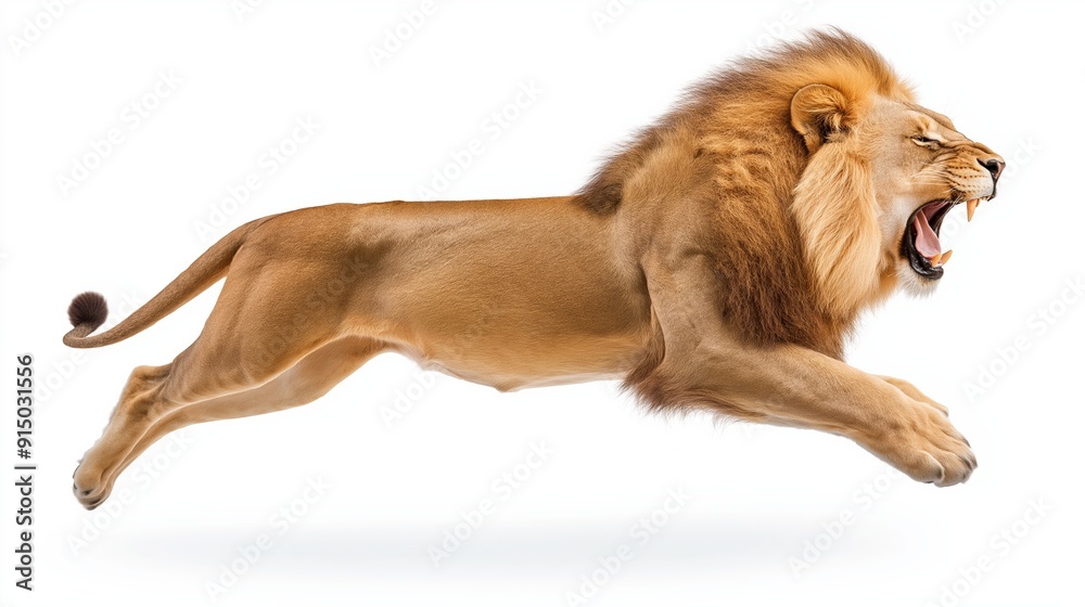 Fototapeta premium A lion is running with its mouth open, showing its teeth. The lion is in motion, and its fur is flowing behind it. Concept of power and strength, as well as the wild
