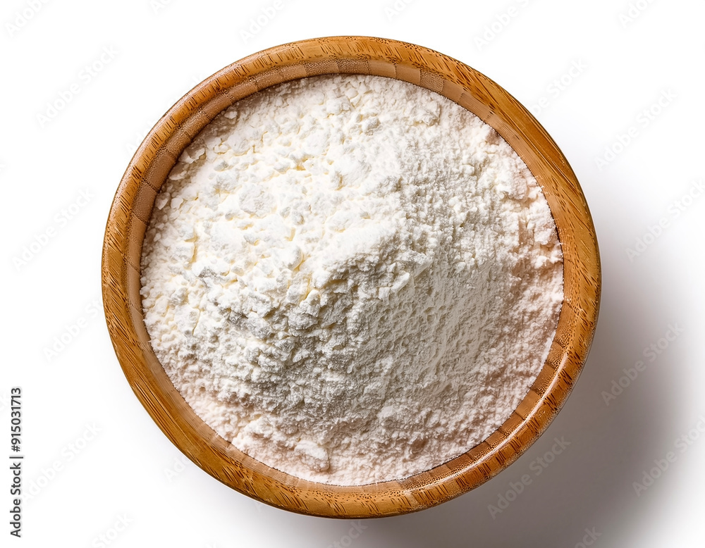 Rice or wheat flour in Wooden bowl with flour isolated on white background Rice or wheat flour in Wooden bowl with flour isolated on white background