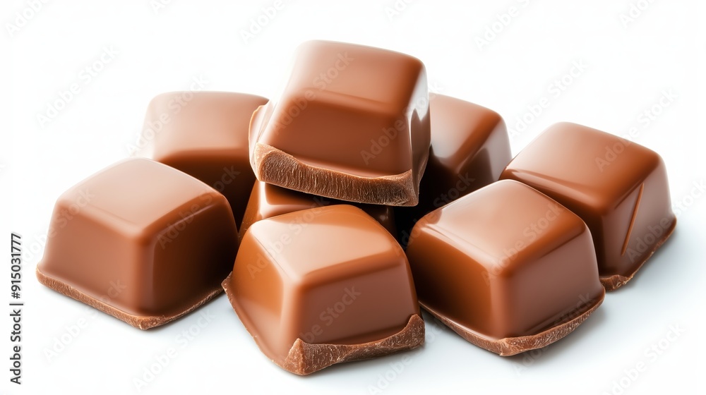 A pile of chocolate bars with a white background. The chocolate bars are stacked on top of each other, creating a visually appealing and tempting display. Concept of indulgence and pleasure