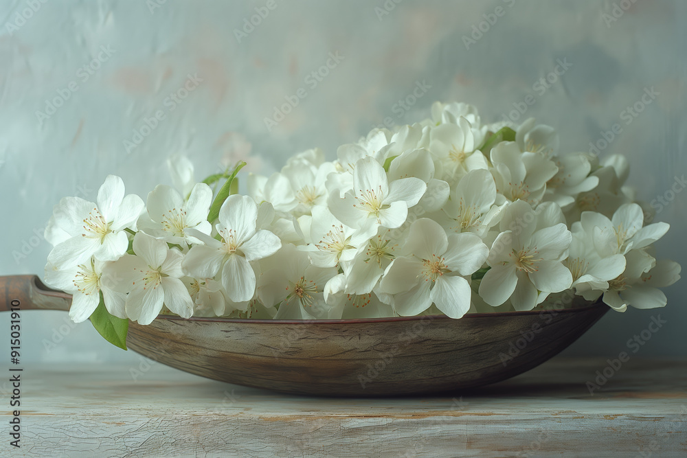 Serene Wooden Bowl of White Blossoms on Muted Background Serene Wooden Bowl of White Blossoms on Muted Background