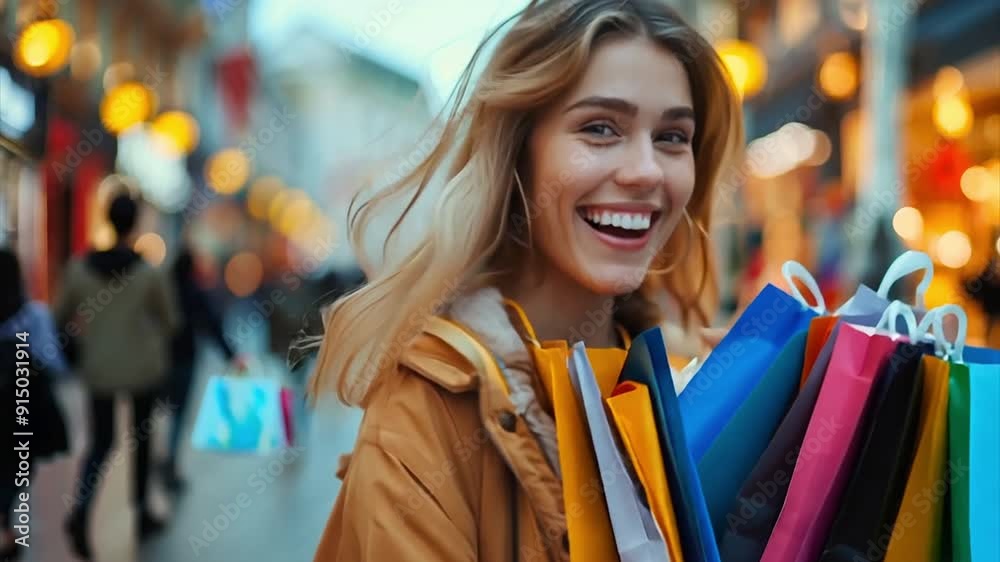 Portrait of pretty young woman walking down with shopping bags on city street Portrait of pretty young woman walking down with shopping bags on city street