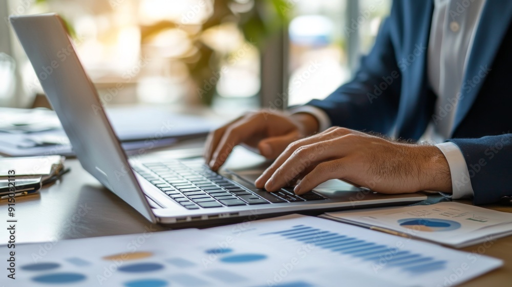 A close-up of a business professional's hand typing on a laptop keyboard, surrounded by important documents and notes.