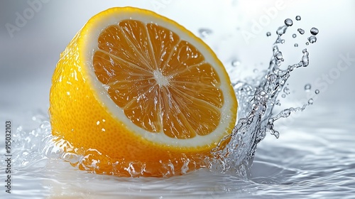 A lemon slices splashes into clear water, creating a burst of yellow droplets.