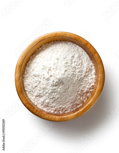 Rice or wheat flour in Wooden bowl with flour isolated on white background