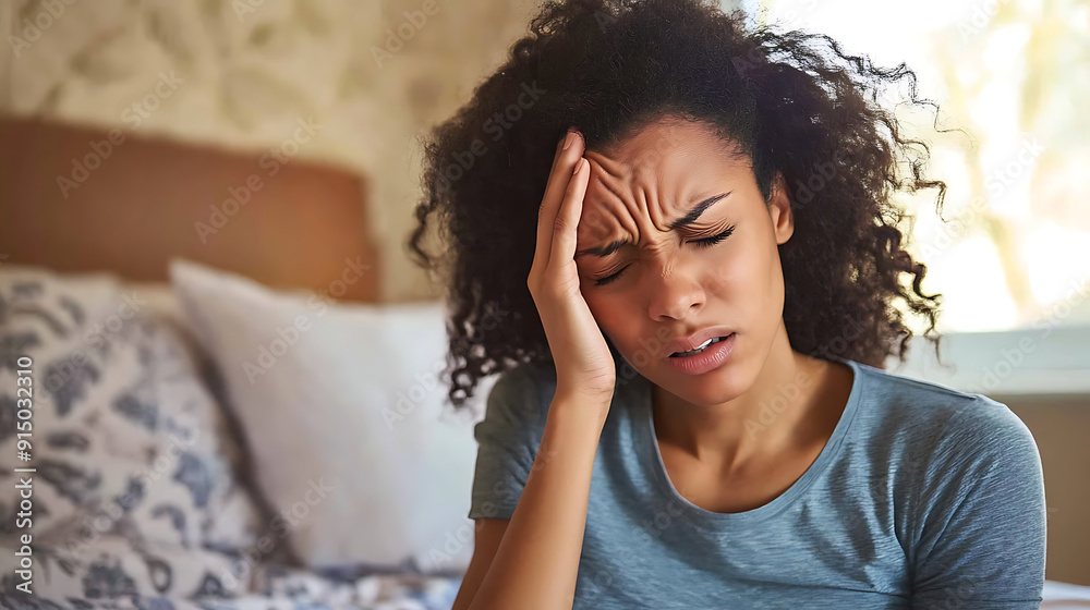 A woman sitting on a bed, holding her head with one hand while wincing, reflecting a constant headache A woman sitting on a bed, holding her head with one hand while wincing, reflecting a constant headache