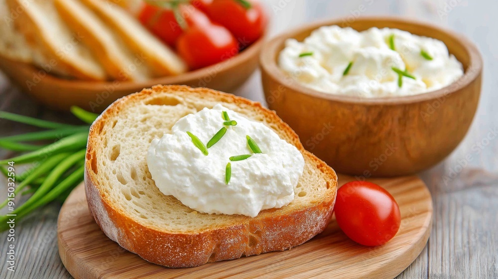 A slice of bread with a white spread on it and a tomato slice on the side A slice of bread with a white spread on it and a tomato slice on the side