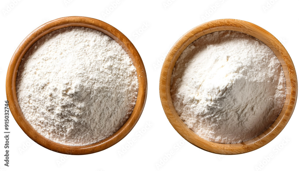 Rice or wheat flour in Wooden bowl with flour isolated on white background Rice or wheat flour in Wooden bowl with flour isolated on white background