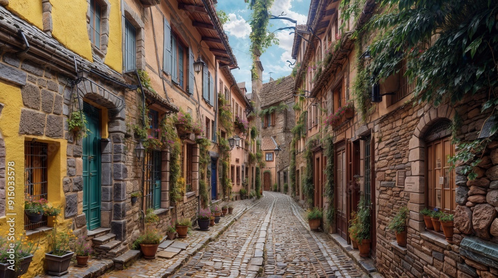Flowery streets on a rainy spring day in a small magical village Flowery streets on a rainy spring day in a small magical village