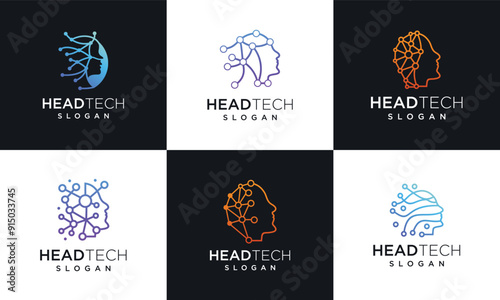 Collection of human head technology logo design templates. set head digital technology inspiration logo design