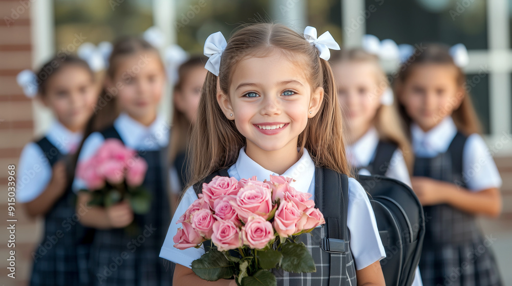 Smiling Schoolgirl Holding Roses with Classmates on First Day of School Smiling Schoolgirl Holding Roses with Classmates on First Day of School