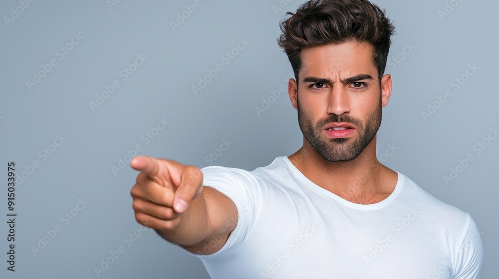 A man with a pointed finger is looking at the camera. He is wearing a white shirt and he is angry or frustrated A man with a pointed finger is looking at the camera. He is wearing a white shirt and he is angry or frustrated
