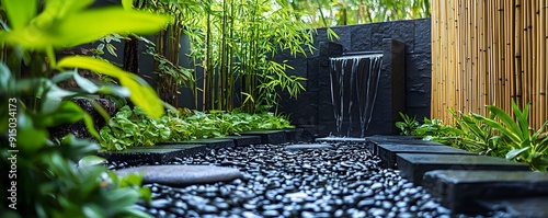 A Peaceful Garden with Bamboo Plants and a Soothing Waterfall in a Serene Oasis photo