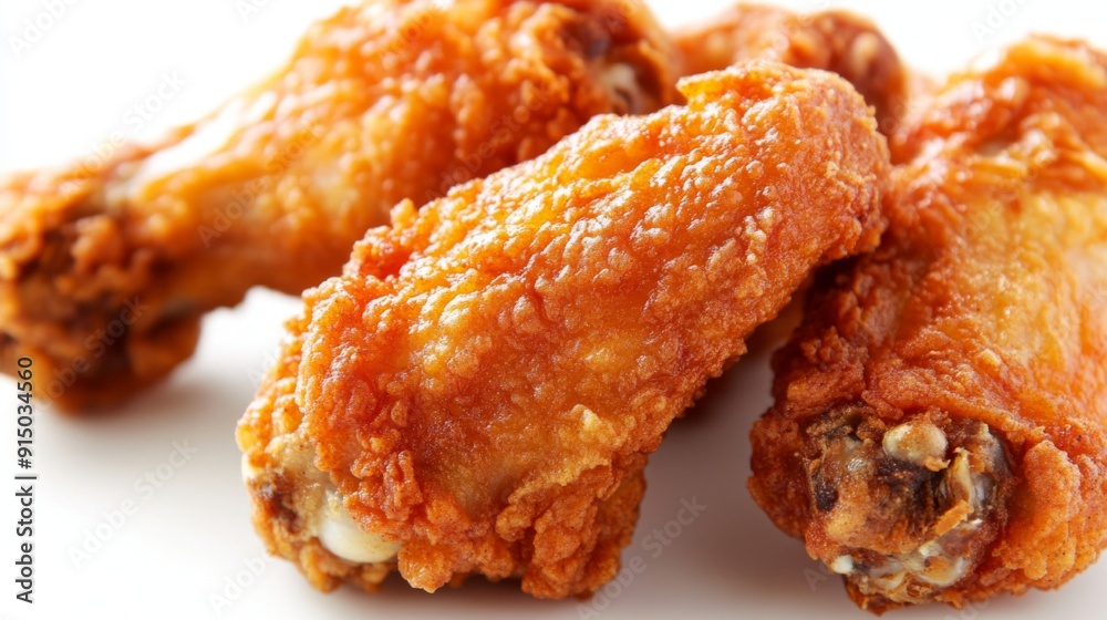 A close-up of a perfectly breaded and fried chicken wing, highlighting the crispy texture, on a white background. A close-up of a perfectly breaded and fried chicken wing, highlighting the crispy texture, on a white background.