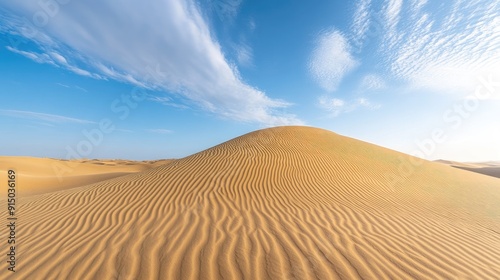 Sand dunes with rippled patterns under a bright sky, vast and undulating