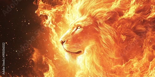 Majestic Fire Lion: Powerful Symbol of Passion and Triumph. Dynamic Digital Artwork Showcasing Fierce Feline Surrounded by Flames, Embodying Strength and Determination. Perfect for Inspiring Backgroun photo