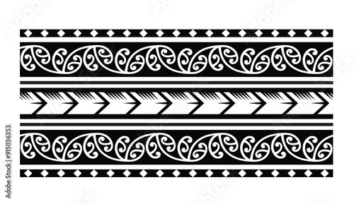 Polynesian tattoo design tribal border.Tribal design ethnic ornament maori band.Samoan Tattoo ribbon sleeve bracelet.Fabric seamless isolated hawaiian armband pattern on white background.
