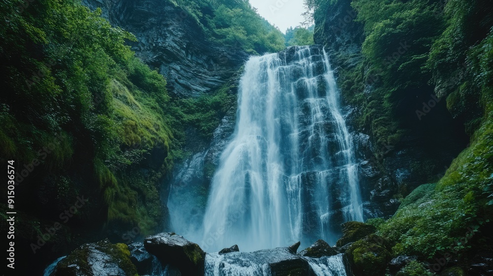 Tall waterfall cascading down a rocky cliff, surrounded by lush vegetation, powerful and refreshing Tall waterfall cascading down a rocky cliff, surrounded by lush vegetation, powerful and refreshing