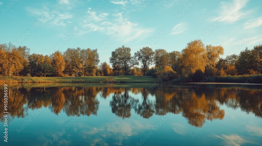 Fototapeta premium Tranquil lake reflecting the surrounding trees and sky, peaceful and calm atmosphere