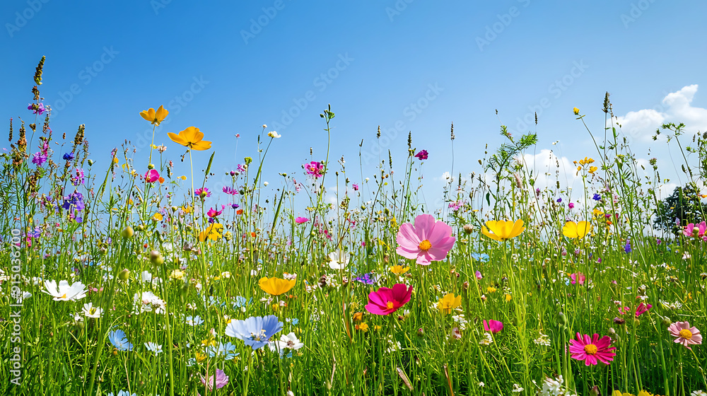 A lush field filled with wildflowers swaying gently in the breeze under a clear blue sky A lush field filled with wildflowers swaying gently in the breeze under a clear blue sky
