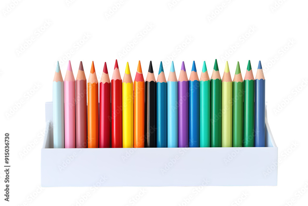 Vibrant Array of Colorful Pencils Arranged Neatly in a White Container Against a Bright Background on Transparent PNG Background.. Vibrant Array of Colorful Pencils Arranged Neatly in a White Container Against a Bright Background on Transparent PNG Background..