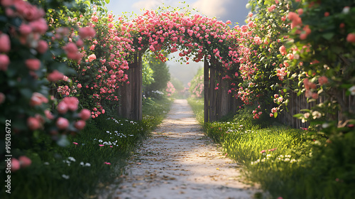 Fototapeta Naklejka Na Ścianę i Meble -  A path lined with blooming flowers leading to a quaint garden gate 