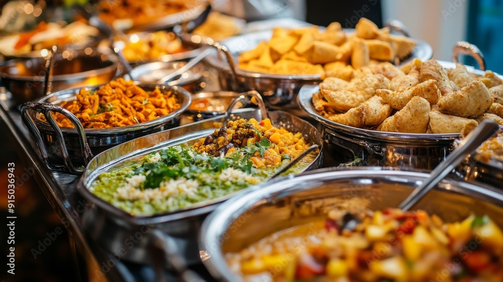 A close-up of a table filled with Thai and Indian favorites, including green curry, samosas, and mango sticky rice, ready to be enjoyed. A close-up of a table filled with Thai and Indian favorites, including green curry, samosas, and mango sticky rice, ready to be enjoyed.