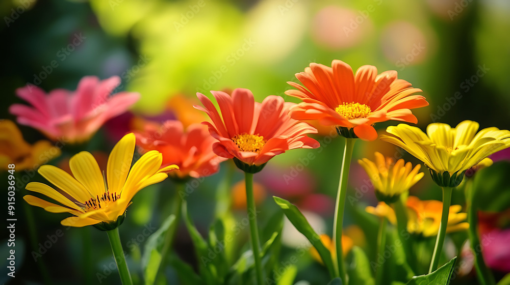 Close-up of vibrant flowers in a sunny garden, showcasing their delicate petals and bright colors 