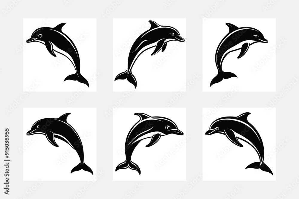Minimal Dolphin Fish silhouette set on white background for serene ocean inspired artwork
