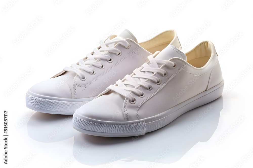 A pair of plain, white sneakers positioned side by side on a white background. This setup is ideal for adding custom designs or brand logos. A pair of plain, white sneakers positioned side by side on a white background. This setup is ideal for adding custom designs or brand logos.