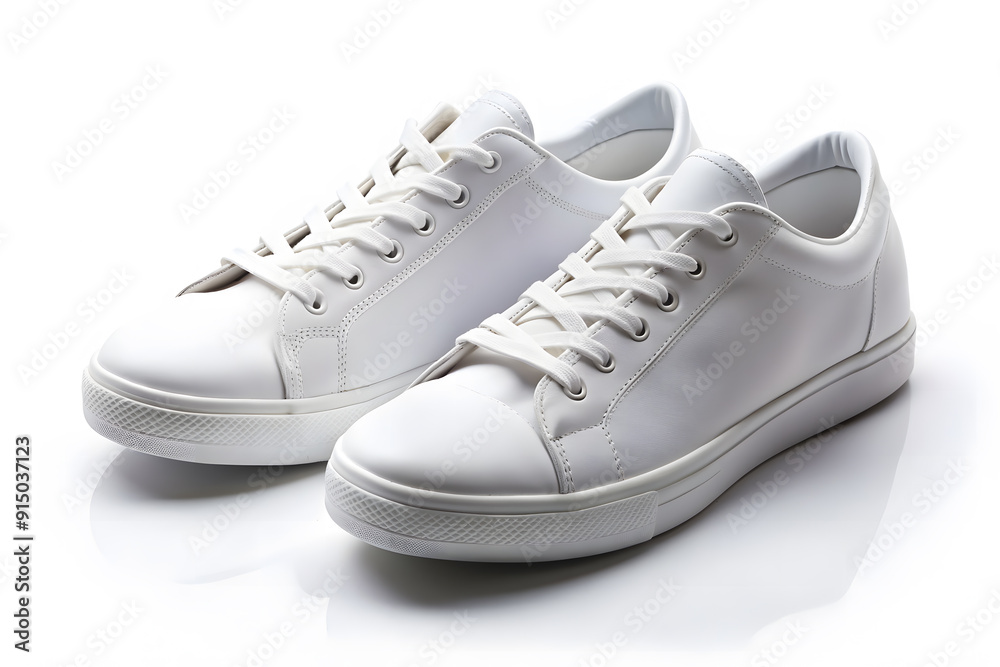 A pair of plain, white sneakers positioned side by side on a white background. This setup is ideal for adding custom designs or brand logos. A pair of plain, white sneakers positioned side by side on a white background. This setup is ideal for adding custom designs or brand logos.
