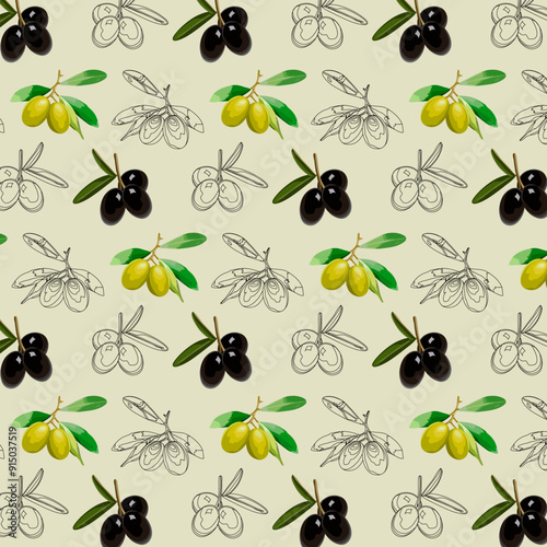 Colored and contour olives.Vector seamless pattern with colored and contour olives on a green background.