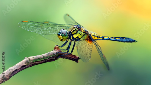 Colorful Dragonfly Perched on a Branch - Macro Photography