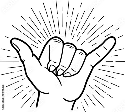 Illustration of a linear shaka gesture in vintage style. Vector.