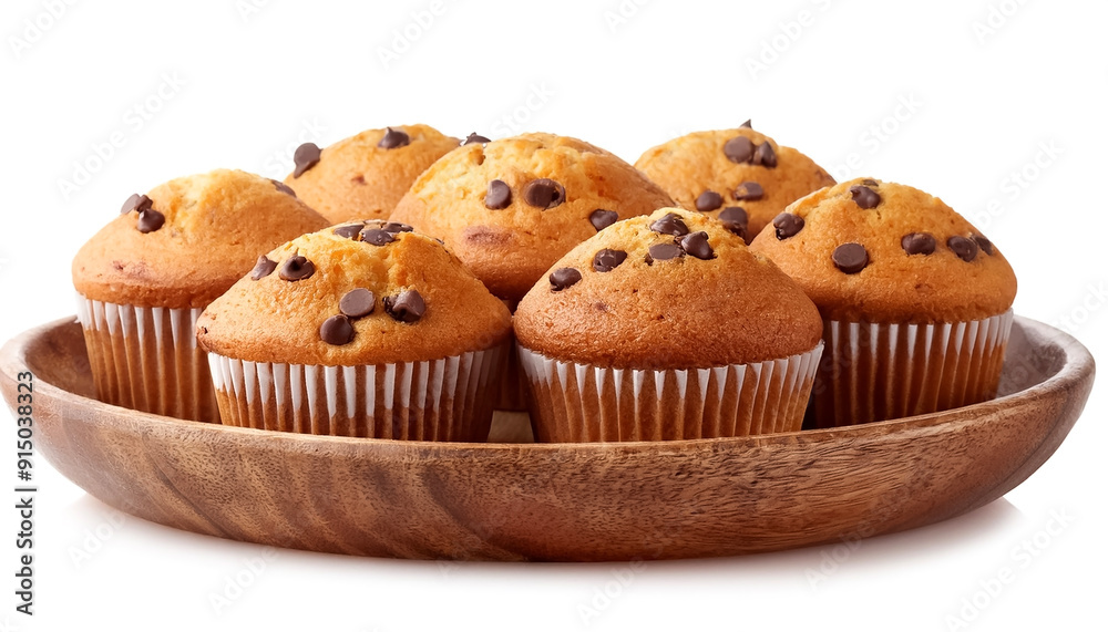 Chocolate chip muffins in wooden bowl isolated on white background