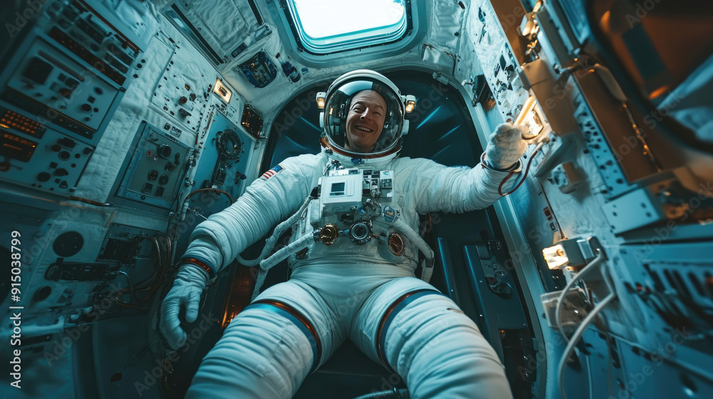 Fototapeta premium Astronaut Floating in Zero Gravity, Captured Inside a Spacecraft