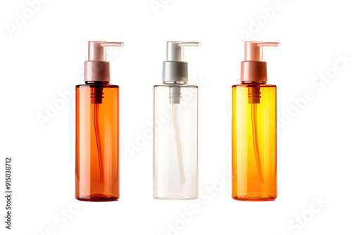 Elegant Collection of Three Distinctive Pump Bottles Showcasing Unique Colors and Designs by Natural Light in a Serene Setting on Transparent PNG Background..