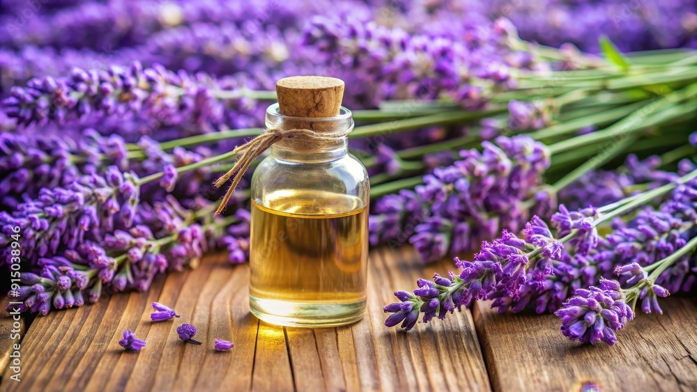 Close-up of a bottle of lavender oil surrounded by fresh lavender flowers, aromatherapy, calming, relaxation, natural Close-up of a bottle of lavender oil surrounded by fresh lavender flowers, aromatherapy, calming, relaxation, natural