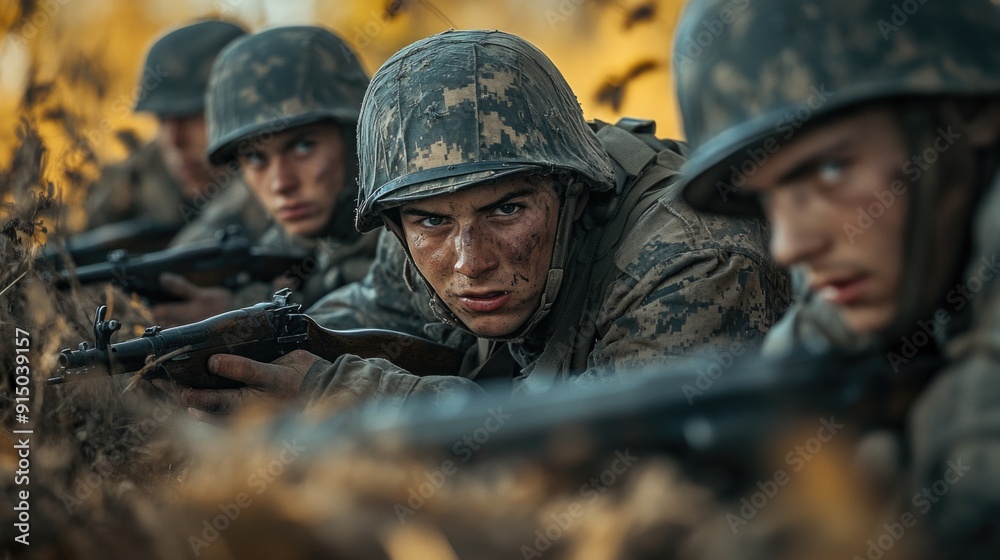 Fototapeta premium Battle Ready - WWII Soldiers Taking Cover in Action-Packed Shot