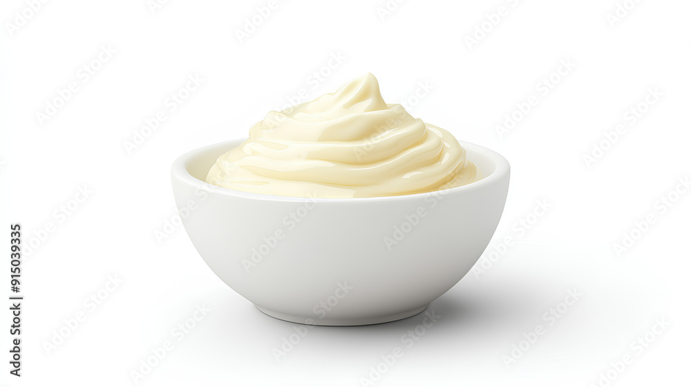 Bowl with white mayonnaise dip, side and top view, food bundle, isolated on a white background Bowl with white mayonnaise dip, side and top view, food bundle, isolated on a white background