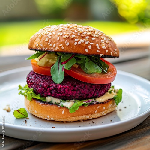 Colorful Plant-Based Burger Delights: A Vibrant Veggie Burger with Beet Patty, Avocado, Tomatoes, and Green Veggies in a Sesame Bun - A Healthy Vegetarian Meal Option. photo