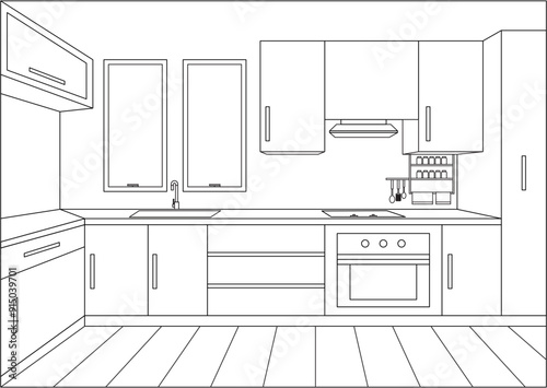 Line art kitchen set drawing