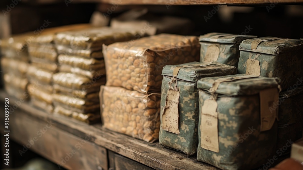 Detailed Close-up of WWII Military Rations and Equipment - Focus on Supplies Detailed Close-up of WWII Military Rations and Equipment - Focus on Supplies